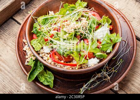 Salade de légumes au sarrasin vert avec branches de céleri, micro-verts et épinards sur fond de bois.Menu De Régime Banque D'Images