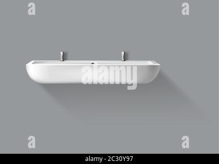 Long lavabo avec robinets pour salle de bains, toilettes publiques, WC moderne. Évier vectoriel en céramique blanche réaliste avec robinet suspendu au mur dans les toilettes isolées Illustration de Vecteur