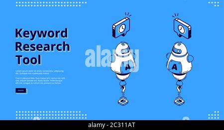 Page d'accueil isométrique de l'outil de recherche de mots-clés. Robots ai avec moteur de fusée et icônes d'horloge. Optimisation SEO, service d'analyse, intelligence artificielle Illustration de Vecteur