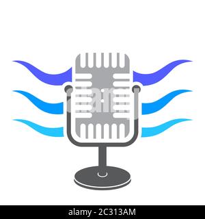 Icône de microphone rétro avec icône d'ondes sonores bleues isolée sur fond blanc. Symbole Audio musique. Logo de l'enceinte. Concept microphone studio. Banque D'Images