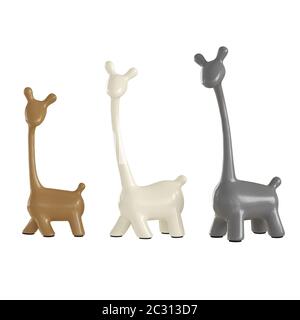 Trois figurines girafes colorées sur fond blanc. rendu 3d Banque D'Images