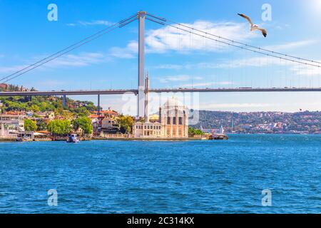 Mosquée Ortakôy et le pont du Bosphore, belle vue sur la mer, Istanbul. Banque D'Images