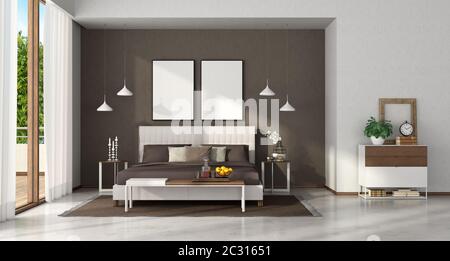 Chambre principale moderne avec élégant double pliage, banc et commode - rendu tridimensionnel Banque D'Images