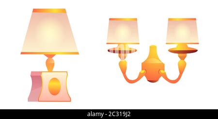 Lampes murales et de table avec abat-jour. Sconce doré vectoriel et lampe de bureau. Dessins animés maison vieux classique lampes pour salon ou chambre isolée sur Illustration de Vecteur