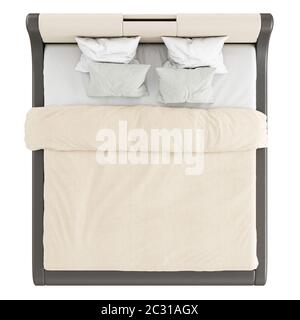 Un grand lit double marron-beige doux avec oreillers et une couverture sur fond blanc. Vue de dessus. rendu 3d Banque D'Images