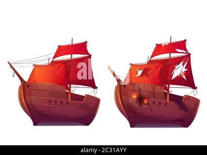 Navires rétro en bois avec scarlet rouge voile vecteur de dessin animé. Galléon ou frégate et voilier cassé après la bataille en mer. Bateau au feu avec des trous dans la coque Illustration de Vecteur