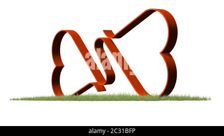 Deux cœurs reliés sur un sol vert Banque D'Images