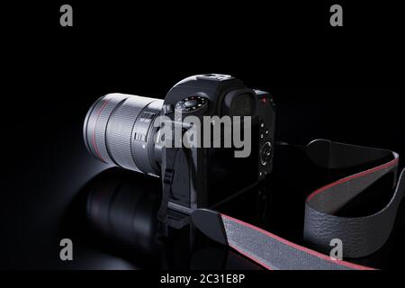 Appareil photo reflex numérique professionnel avec objectif zoom et lanière en cuir sur fond noir avec espace de copie. Vue de dessus. Rendu 3d réaliste Banque D'Images