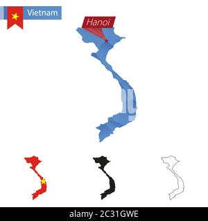 Carte bleu du Vietnam Low Poly avec la capitale Hanoi, versions avec drapeau, noir et contour. Illustration vectorielle. Illustration de Vecteur