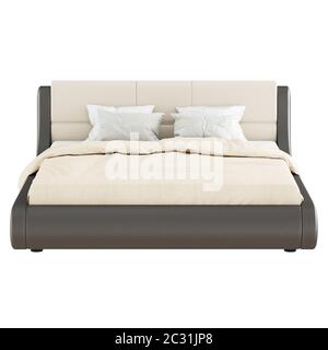 Un grand lit double marron-beige doux avec oreillers et une couverture sur fond blanc. Espace de copie de la vue avant. rendu 3d Banque D'Images