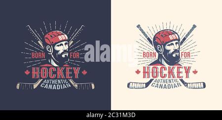 Logo vintage du hockey canadien avec joueur barbu Illustration de Vecteur