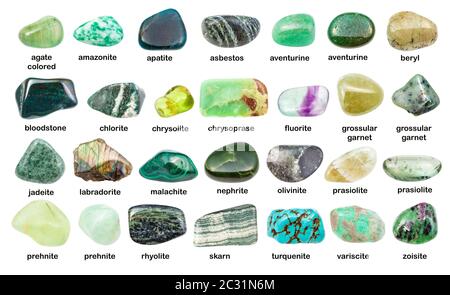 collection de diverses pierres gemmes vertes avec des noms (chlorite, malachite, préhnite, chrysoprase, skarn, aventrine, grossulaire, prasiolite, apatite, turqu Banque D'Images