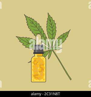 Illustration d'une bouteille de compte-gouttes d'huile de CBD et d'une feuille de marijuana Illustration de Vecteur