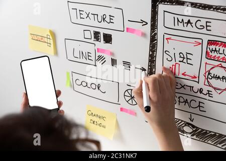 Femmes concepteur de site Web planification créative application développement modèle de mise en page cadre de conception filaire studio . Concept d'expérience utilisateur Banque D'Images