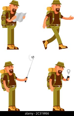 Voyageur barbu avec chapeau, sac à dos et équipement touristique dans différentes poses Illustration de Vecteur