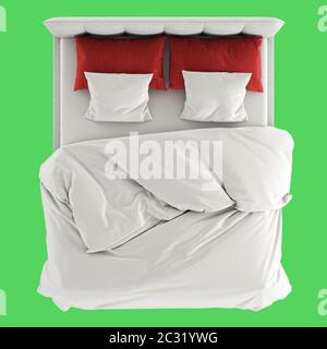 Lit gris doux avec couverture blanche et draps et oreillers rouges-blancs sur fond vert clair. Vue de dessus. rendu 3d Banque D'Images