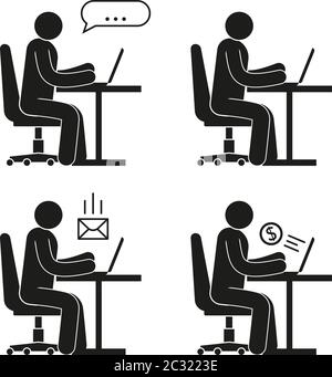 Icône des personnes assises sur une chaise de bureau au bureau avec ordinateur portable Illustration de Vecteur