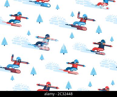 Motif sans couture avec snowboarders en mouvement et ferme dans un plat style Illustration de Vecteur