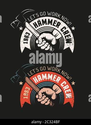 Marteau à main avec logo rétro d'atelier Illustration de Vecteur