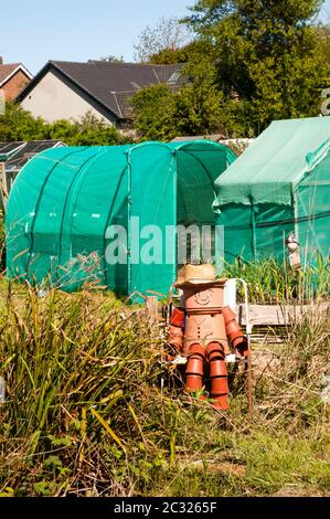 Homme de Plantpot sur un site de lotissement assis sur une chaise à l'herbe longue. Tout le chiffre est fait de pots de plante de différentes tailles Banque D'Images