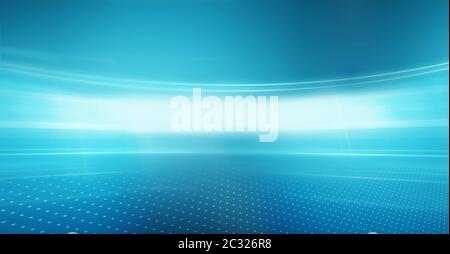 Arrière-plan graphique de la technologie abstraite, faisceaux de lumière incurvés sur fond bleu Banque D'Images