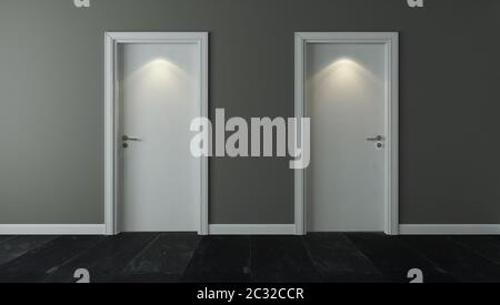Deux portes blanches sous spot avec un mur et un rendu en trois dimensions en pierre noire Banque D'Images