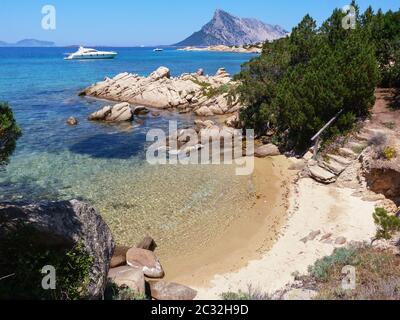 Criques et vues le long de la falaise pour arriver à la plage de Turtle Beach, Cala Girgolu, Sardaigne Banque D'Images