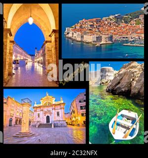 Carte postale de Dubrovnik avec repères de collage étiquette, célèbre destination touristique en Dalmatie, Croatie Banque D'Images