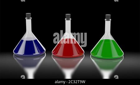 Trois tubes chimie avec différentes couleurs de liquide. Le rendu 3D. Banque D'Images