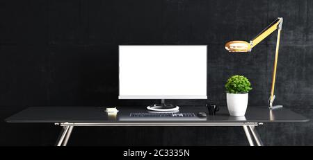 Support de l'espace de travail maquette avec table et usine, ordinateur, clavier, souris; tasse; autocollant, lampe de table avant de mur noir en béton de rendu tridimensionnel Banque D'Images