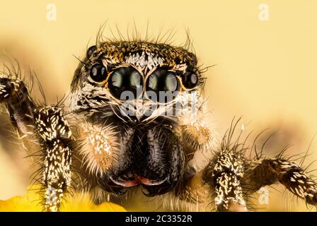 Macro Focus Portrait d'empilage de Zebra Spider ou Common Jumping Spider . Son nom latin est Salticus scenicus. Banque D'Images