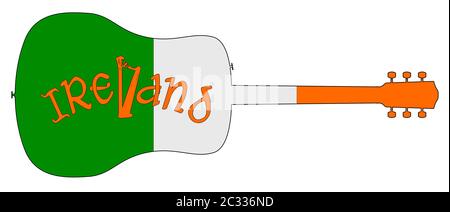 Une guitare acoustique typique isolé silhouette sur un fond blanc avec un drapeau irlandais Banque D'Images