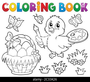 Livre de coloriage thème de Pâques avec poulet - illustration d'image. Banque D'Images