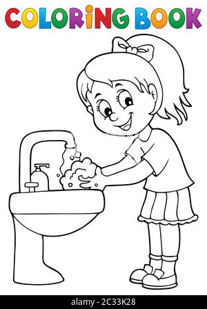 Livre de coloriage fille lavage des mains thème 1 - illustration d'image. Banque D'Images