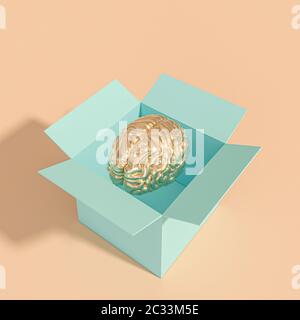 Cerveau humain d'or dans une boîte. différents, la pensée créative concept. 3D render Banque D'Images