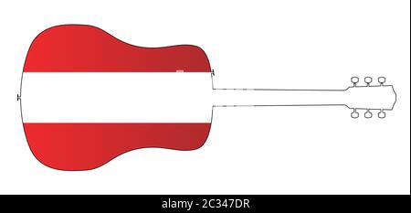 Une guitare acoustique typique isolé silhouette sur un fond blanc avec un drapeau de l'Autriche Banque D'Images