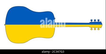 Une guitare acoustique typique isolé silhouette sur un fond blanc avec un drapeau de l'Ukraine Banque D'Images