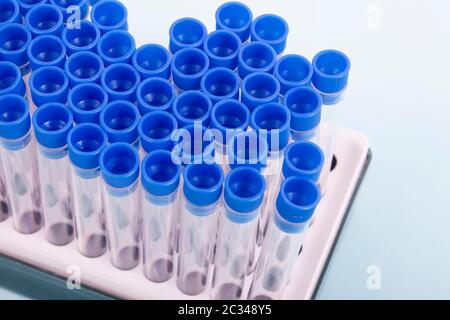 Portoir pour flacons rempli de tubes de test isolés sur fond bleu. Banque D'Images