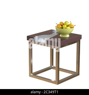 Une petite table à café carrée sur une base métallique avec un vase vert avec des poires sur fond blanc. CopySpace. rendu 3d Banque D'Images