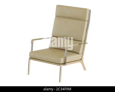 Fauteuil en cuir beige avec dossier haut sur un arrière-plan blanc en relief Banque D'Images