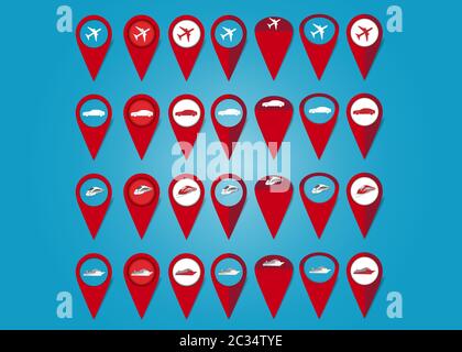 Vector montrant ensemble de sept différents types de plan de communication pour chaque icônes de transport - avion, voiture, train et bateau de croisière. Banque D'Images