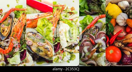 Collage photo avec différents types de fruits de mer Banque D'Images