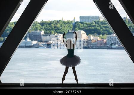 Silhouette de ballerine en tutu blanc gracieux Banque D'Images