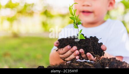 Journée mondiale de l'environnement concept de l'environnement, main de l'asiatique mignon petit garçon gai d'enfant tenant jeune arbre sur le sol noir prêt à planifier sur le jardin vert Banque D'Images
