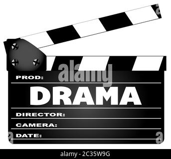 Un clapperboard typique de film avec la légende Drama isolé sur blanc. Banque D'Images