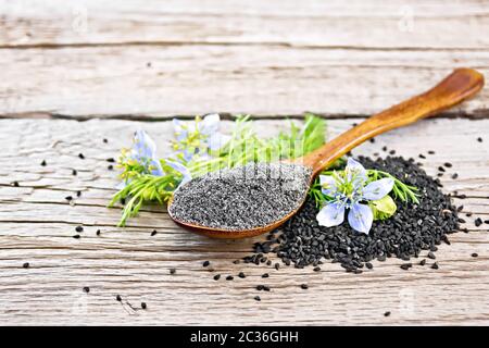 Farine de Nigella sativa dans une cuillère avec fleur et feuilles de kalingini sur fond de planche en bois Banque D'Images