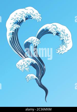 Des éléments d'ondes éclaboussant de style Ukiyo-e sur fond bleu Illustration de Vecteur