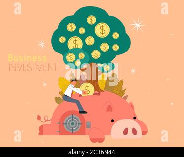 Homme d'affaires mettant une pièce dans la banque de piggy qui signifie le concept d'investissement, l'arbre d'argent et la ville sur le cochon de lovey Illustration de Vecteur