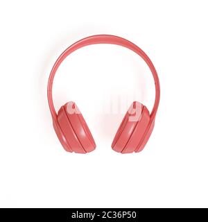 Image de rendu 3D de couleur corail moderne audio écouteurs sur un fond blanc. Banque D'Images