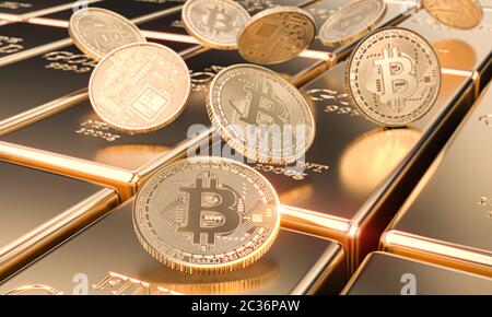 Plusieurs capteurs bitcoin sur barres d'or, cryptocurrency et virtual concept finance. Image 3D render Banque D'Images